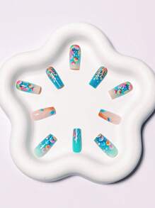Medium And Long-Length Sky Blue Ocean Gradient Shiny Effect Press-On Fish French Tips Nail Art Shell Star Nail Stickers Dreamy Coral Press-On Nail Art Accessories Stickers Convenient For Daily Outings, Parties, Travel And Vacations Press-On Nails 24-Piece Finished Box Set With Jelly Glue And Rubbing Sticks