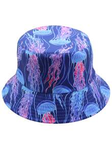 男女通用时尚水母和海豚涂鸦双面渔夫帽，复古休闲沙滩太阳帽