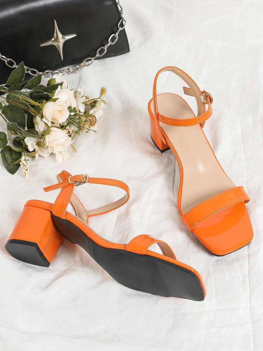 New Fashion Women Orange Patent High Heel Sandals With Ankle Strap, Square Toe, Thick Heel, Suitable For Vacation & Casual Wear - Orange - View 1
