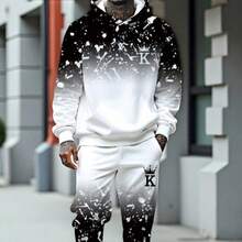 Men's Autumn Winter Casual Printed Sweatshirt Set Soft Fabric Perfect For Any Occasion. - Black - View 1