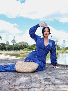 Elegant Printed Boho Chic Long Dress - Blue - View 2