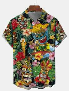 Hawaiian TIKI Tropical Plant Print Men's Button Down Short Sleeve Shirt - Multicolor - View 2