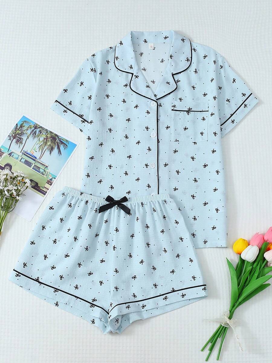 2pcs/Set Comfortable Mini Dot & Bow Print Lapel Button Short Sleeve Top With Pocket And Bow Shorts Pajama Set For Women, Suitable For Home Use, Spring/Summer - Blue - View 1