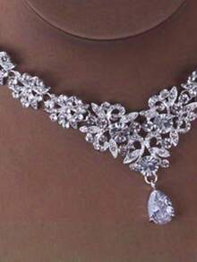 4 件婚礼和派对首饰套装 - 新娘皇冠、项链、耳环，经典巴洛克风格，适合伴娘、派对、舞会场合 - 銀色 - 查看 4