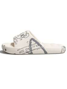 夏季男女通用卡通熊印花拖鞋，室内/室外，海滩，时尚黑白熊设计，男士特大码 36-49，随机印花位置卡其色