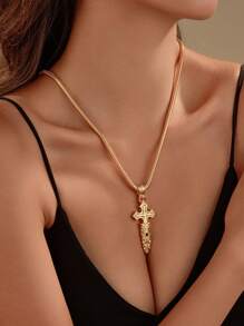 1 Piece Vintage Gold Cross Sword Pendant Necklace,Inlaid Cubic Zirconia,Snake Bone Round Chain,Suitable For Daily,Hip Hop,Party And Gift