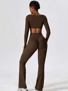 YEIFIN Yoga Set Women's Gym Yoga Suit Tight Fitting Sports Set T Shirts Bra Tank Top Loose Bell-Bottoms - Brown - View 3