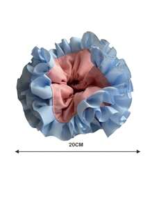 chouchou en tissu à pompons élégant et à la mode, chouchou bohème bleu et rose froncé, grand accessoire floral pour cheveux pour femme, double volant, idéal pour les cheveux épais, pour le quotidien, les vacances et les rendez-vous galants.