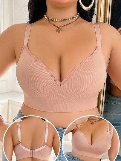 Plus Size Women's Soft Textured Wireless Bra, Comfortable Supportive Back Lingerie