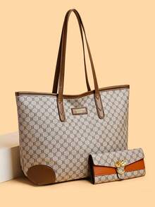 2pcs/Set Large Capacity Tote Bag & Wallet, Fashionable Shoulder Bag For Middle-Aged Women, Autumn/Winter - Grey - View 1