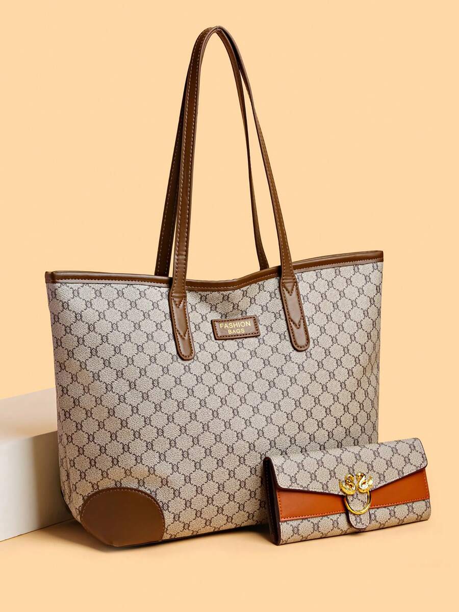 2pcs/Set Large Capacity Tote Bag & Wallet, Fashionable Shoulder Bag For Middle-Aged Women, Autumn/Winter - Grey - View 1