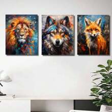 3pcs Animal Wall Arts Canvas Posters, Lion, Fox, Wolf Oil Painting HD Printing Optional Frame, Office, Living Room, Dining Room, Bedroom Home Decoration ,Wall Art With Frame