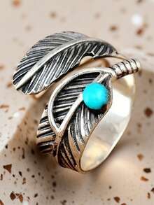 Bohemian Vintage Turquoise Feather Open Ring - 1 Piece - Multicolor - View 6