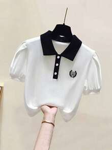 女童 Polo 衫学院风夏季新款短袖衬衫泡泡袖时尚休闲上衣，返校季 - 白色 - 查看 1