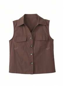 Solid Color Pattern Front Pocket Sleeveless Shirt