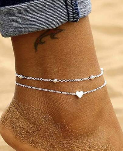 1 Peça Pulseira de Tornozelo de Contas em Coração de Camada Dupla Elegante e Minimalista, Adequada para Uso Feminino em Feriados e Uso Diário