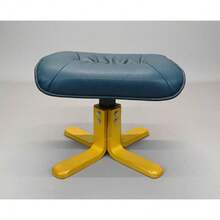 Mid Century Stool In Blue Leather Fixed Bentwood Base Ottoman Danish Retro Vintage 1990s - 1 - View 1