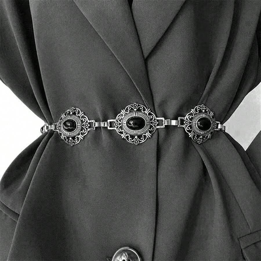 Cadena de cintura retro, cinturón de cadena de metal, decoración versátil para vestidos, trajes, estilo bohemio de verano, escuela de otoño, otoño, Halloween - Plateado - Ver 1