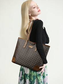 1 Set Large Capacity Tote Bag & Wallet, Fashionable Shoulder Bag For Middle-Aged Women, Autumn/Winter - Brown - View 2