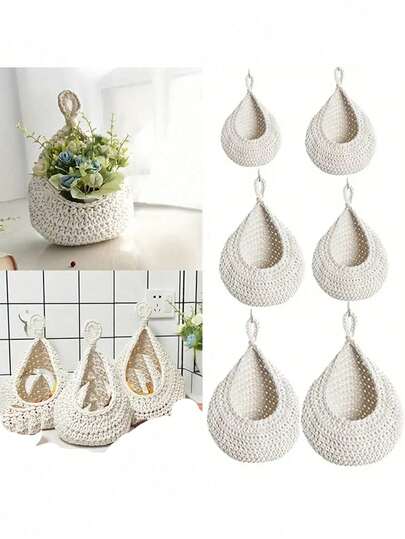 1 cesta de parede boêmia trançada - organizador de armazenamento em formato de lágrima feito à mão para decoração de cozinha, banheiro e sala de estar, prateleira de macramê com corda rústica para pendurar em estilo fazenda