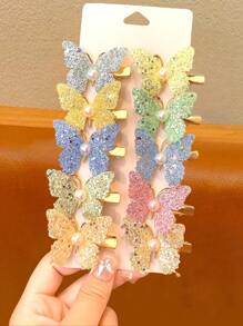 10pcs/Set Girls Butterfly Glitter Minimalist Fashion Hairclips For Bangs, Side Braided Hair, Accessory, No Cardboard Packaging