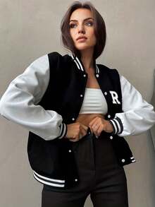 1pc Teen Girls Loose Casual Outdoor Sports Colorblock Letter Print Ribbed Fleece Thickened Zip-Up Jacket, Spring Autumn Winter - Black - View 2