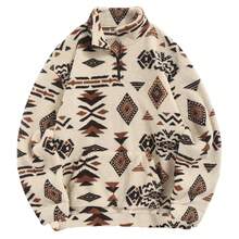 Men's Retro Totem Printed Quarter Zip Pullover Sweatshirt, Fall/Winter, Long Sleeve Top - Beige - View 6