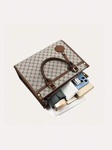 3 件套格纹 PU 皮革斜挎包带拉链，时尚百搭大容量手提包适合中年女士日常使用 - 灰色 - 查看 6