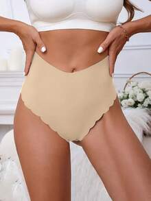 3pcs High Waist Seamless Women's Thong Panties, Sexy Butt Lifting & Tummy Control, Wavy Hem Design, Smooth Fabric, Ladies Underwear