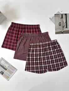3pcs/Pack Men's Plaid Boxer Briefs, Thin & Comfortable Elastic Waist Loose Breathable Long Underwear - Multicolor - View 2