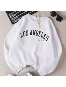 Women's Crew Neck Flannel Sweatshirt Los Angeles City California Various Colors Premium Line Plush Sweatshirt Top - màu đen - Xem 2