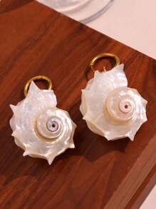 1 Pair Asymmetrical Natural Seashell Pendant Stainless Steel Waterproof Earrings, Summer Beach Resort Fashion Jewelry, Exaggerated Natural Gemstone For Women