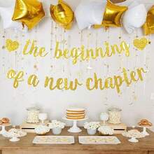 Pancarta brillante "El comienzo de un nuevo capítulo", decoraciones para la fiesta de despedida de papel, rosa dorado/dorado/negro, adecuado para graduación, retiro, boda, compromiso, cambio de empleo - Multicolor - Ver 5