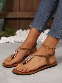 Sandalias romanas de mujer con boucle en los dedos, con cuentas y estilo bohemio, para usar en la playa, resort y primavera/verano