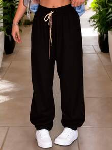 Pantalón de pierna ancha para mujer, con diseño casual y elegante, tela de algodón y poliéster, bolsillos funcionales, ajuste de cintura natural con resorte y doble cordón, textura acanala, fresco y ligero, ideal para temporadas de primavera, verano e inicios de otoño. - Negro - Ver 2