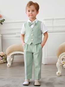 3 Peças/Conjunto Terno Infantil Masculino, Colete + Calça + Gravata Borboleta Combinando, Traje Formal de Festa, Cerimônia, Anfitrião, Terno de Gentleman, Verão