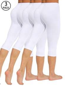3 Packs Women Casual Stretchy Leggings, White Solid Color Tight Pants Suitable For Sports, Fitness, Outdoor, Vacation, Home Workout, Squats, Pushups, Running, Yoga, Hiking, Cycling. Soft, Comfortable, High Elasticity - 白色 - 查看 1