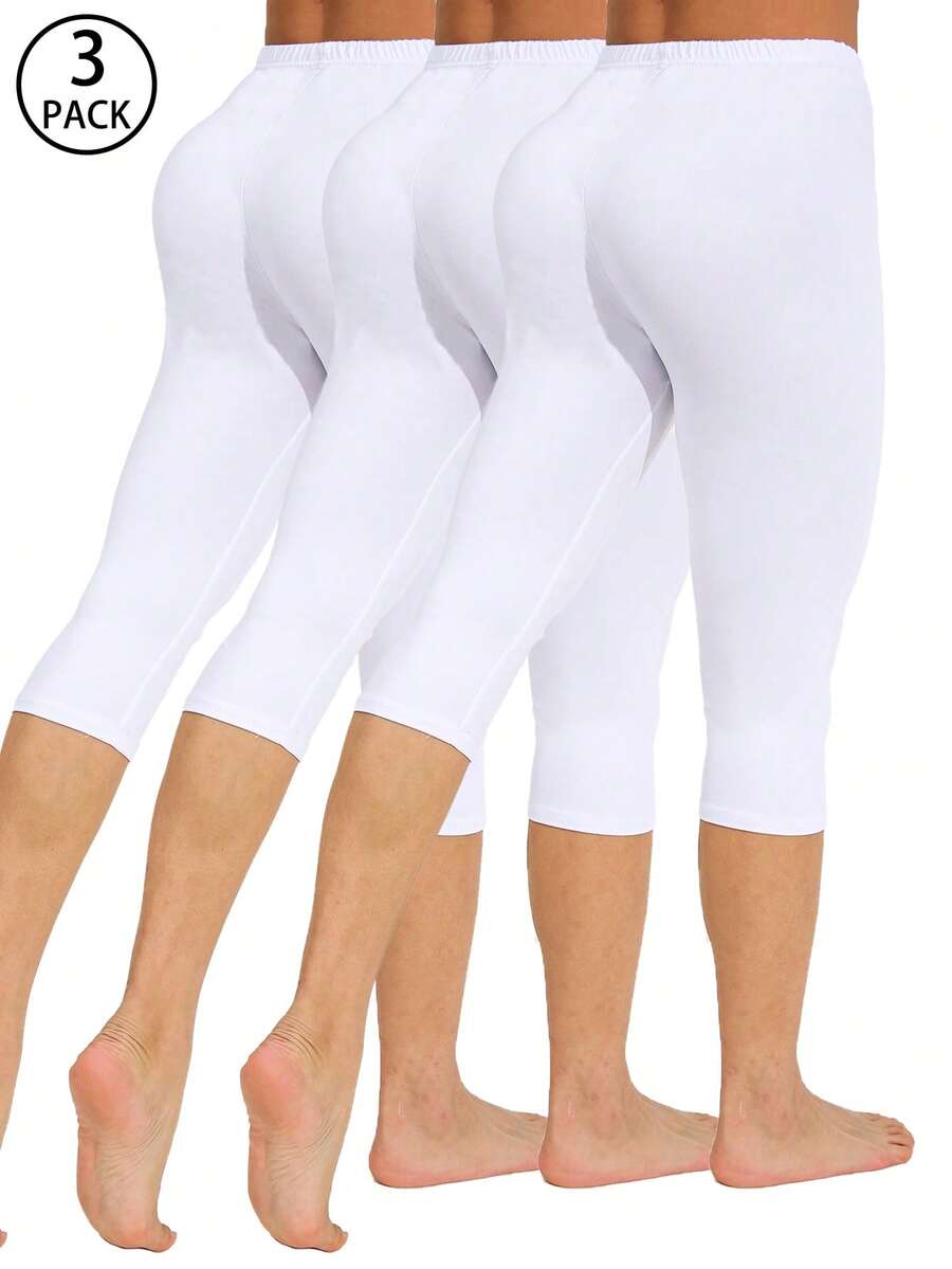 3 Packs Women Casual Stretchy Leggings, White Solid Color Tight Pants Suitable For Sports, Fitness, Outdoor, Vacation, Home Workout, Squats, Pushups, Running, Yoga, Hiking, Cycling. Soft, Comfortable, High Elasticity - 白色 - 查看 1