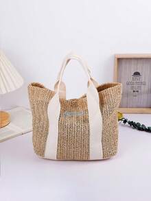 1pc Personalized Handmade Woven Tote Bag For Women, Fashion Versatile Work Commute Handbag, Large Capacity Portable Organizer Bag, Travel Beach Bag, Multifunctional Shopping Bag With Embroidered Custom Letter, Suitable For Daily Use, Can Be Gifted To Family, Friends, Mother On Mother's Day, Valentine's Day, Nurse Day, Teacher's Day, Christmas, As A Customized Birthday Gift - Multicolor - View 4