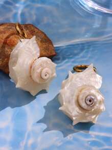 1 Pair Asymmetrical Natural Seashell Pendant Stainless Steel Waterproof Earrings, Summer Beach Resort Fashion Jewelry, Exaggerated Natural Gemstone For Women