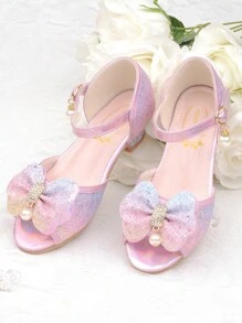 Girls' Crystal High Heel Sandals, Princess Shoes With Bowknot, Colorful Dress Shoes With Sequins