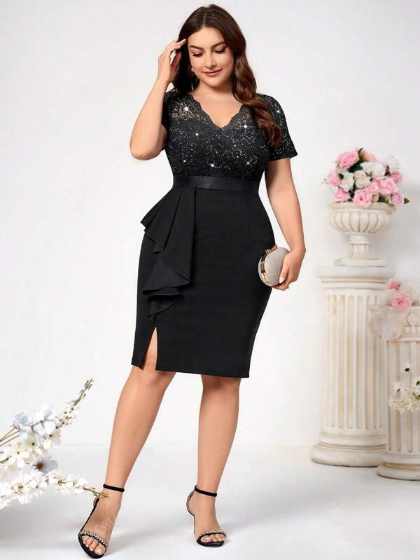 Plus Sequin Lace Bodice V Neck Ruffle Split Thigh Cocktail Party Bodycon Dress, Work Business Dress, Semi Formal Wedding Guest Dress, For Birthday, Graduation And Date Night