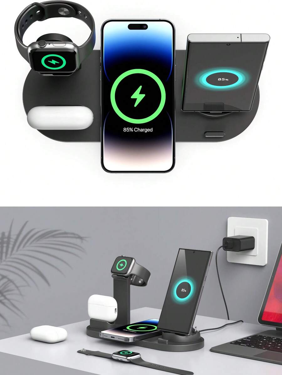 6 合 1 无线充电站，15W/7.5W/5W 无线充电，3 合 1 充电集线器 5V/0-1.5A MAX，3W 耳机充电，带 43.3 英寸 USB 连接线，多设备快速充电站，办公室无线充电器，桌面充电整理器，兼容 16、15、14、13、12、8、Galaxy S24、S23、S22、A54、A52 和系列 3/2 兼容 16 15 14 13 12 11 X 8 Pro Max/Pro/Mini/Plus，兼容 兼容 适用于办公室、宿舍和家庭 - 黑色 - 查看 1