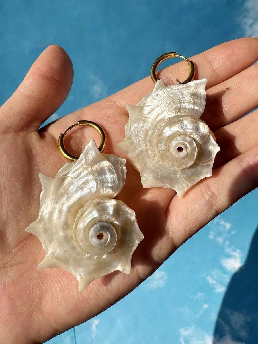 1 Pair Asymmetrical Natural Seashell Pendant Stainless Steel Waterproof Earrings, Summer Beach Resort Fashion Jewelry, Exaggerated Natural Gemstone For Women