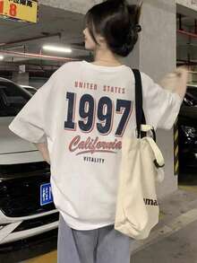 Japanese Style Women's Loose Round Neck Casual Versatile Numeric & Letter Print Short Sleeve T-Shirt, Spring/Summer