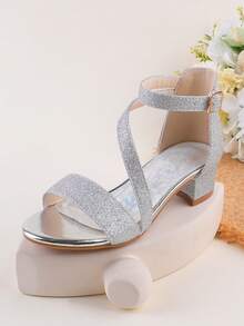 Girls' Sequin Sparkling Silver Ankle Strap Sandals, Kids Dressy Glitter High Heel Open Toe Party Wedding Flower Girl Shoes, Suitable For Toddler, Little & Big Girls - Silver - View 2