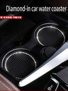 2pcs Crystal Studded Car Cup Holder Coasters, Round Silicone Anti-Slip Heat Insulation Mat, Car Accessories With Rhinestone Decor
