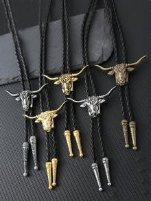 1pc Country Gathering Bolo Tie, Denim Cowboy Bull Head Bolo Tie, Western Style Bull Head Bow Tie, Casual Attire Accessory, Groomsmen Neckwear, Excellent Gift ChoiceMen Necktie - Various Country Western Bolo Ties - View 1