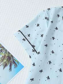 2pcs/Set Comfortable Mini Dot & Bow Print Lapel Button Short Sleeve Top With Pocket And Bow Shorts Pajama Set For Women, Suitable For Home Use, Spring/Summer - Blue - View 6