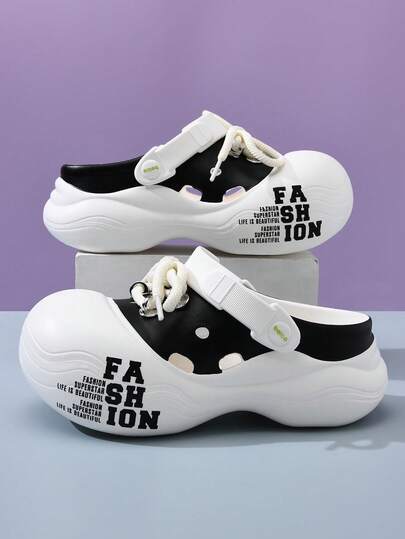 女士时尚镂空拖鞋，夏季新款可调节字母带厚底闭趾拖鞋，EVA防滑增高，适合所有季节、户外、沙滩